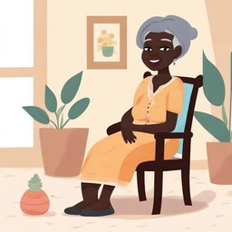 A black grandmother sitting on a chair, illustrated in a children's style