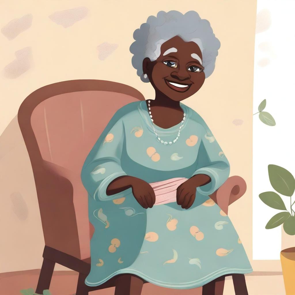 A black grandmother sitting on a chair, illustrated in a children's style