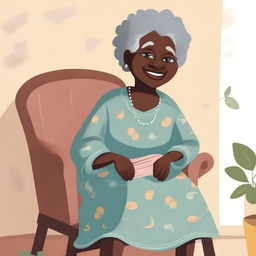 A black grandmother sitting on a chair, illustrated in a children's style