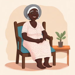 A black grandmother sitting on a chair, illustrated in a children's style