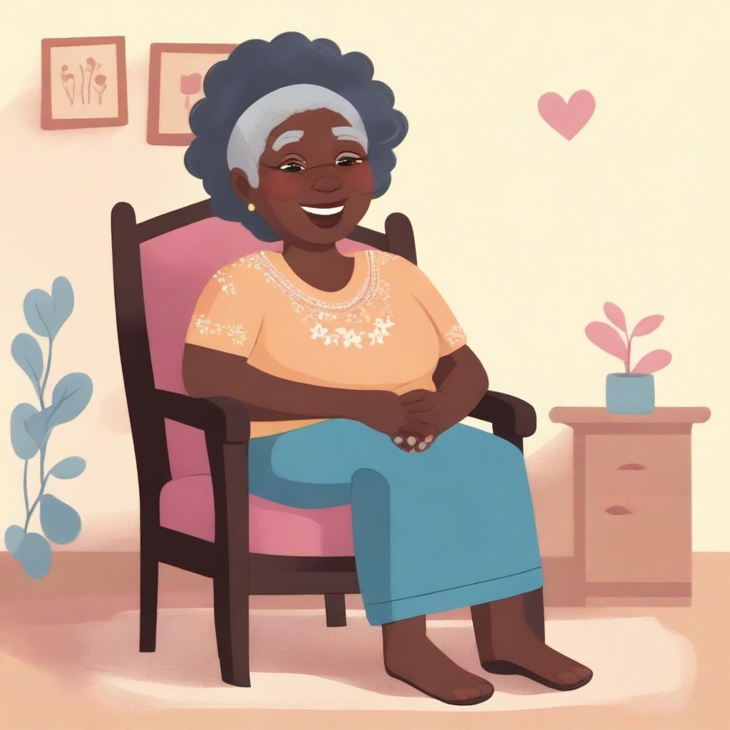 A black grandmother sitting on a chair, illustrated in a children's style