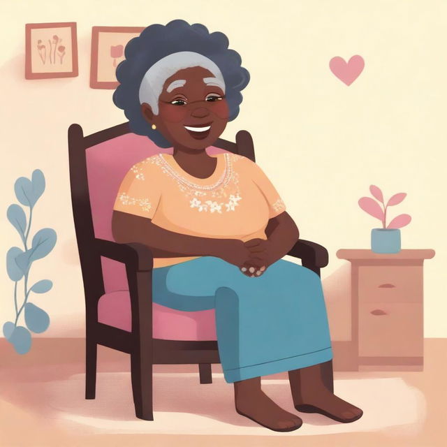 A black grandmother sitting on a chair, illustrated in a children's style