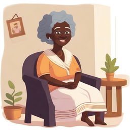 A black grandmother sitting on a chair, illustrated in a children's style