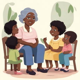 A black grandmother sitting in a chair, telling stories to her grandchildren