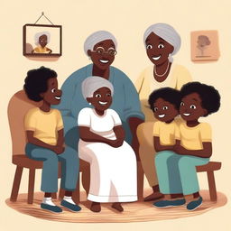 A black grandmother sitting in a chair, telling stories to her grandchildren