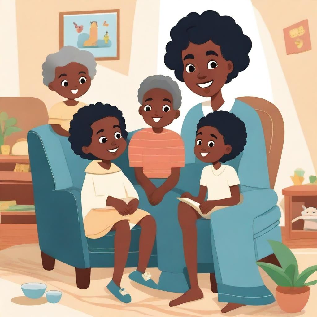 A black grandmother sitting in a chair, telling stories to her grandchildren