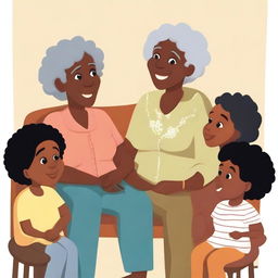 A black grandmother sitting in a chair, telling stories to her grandchildren