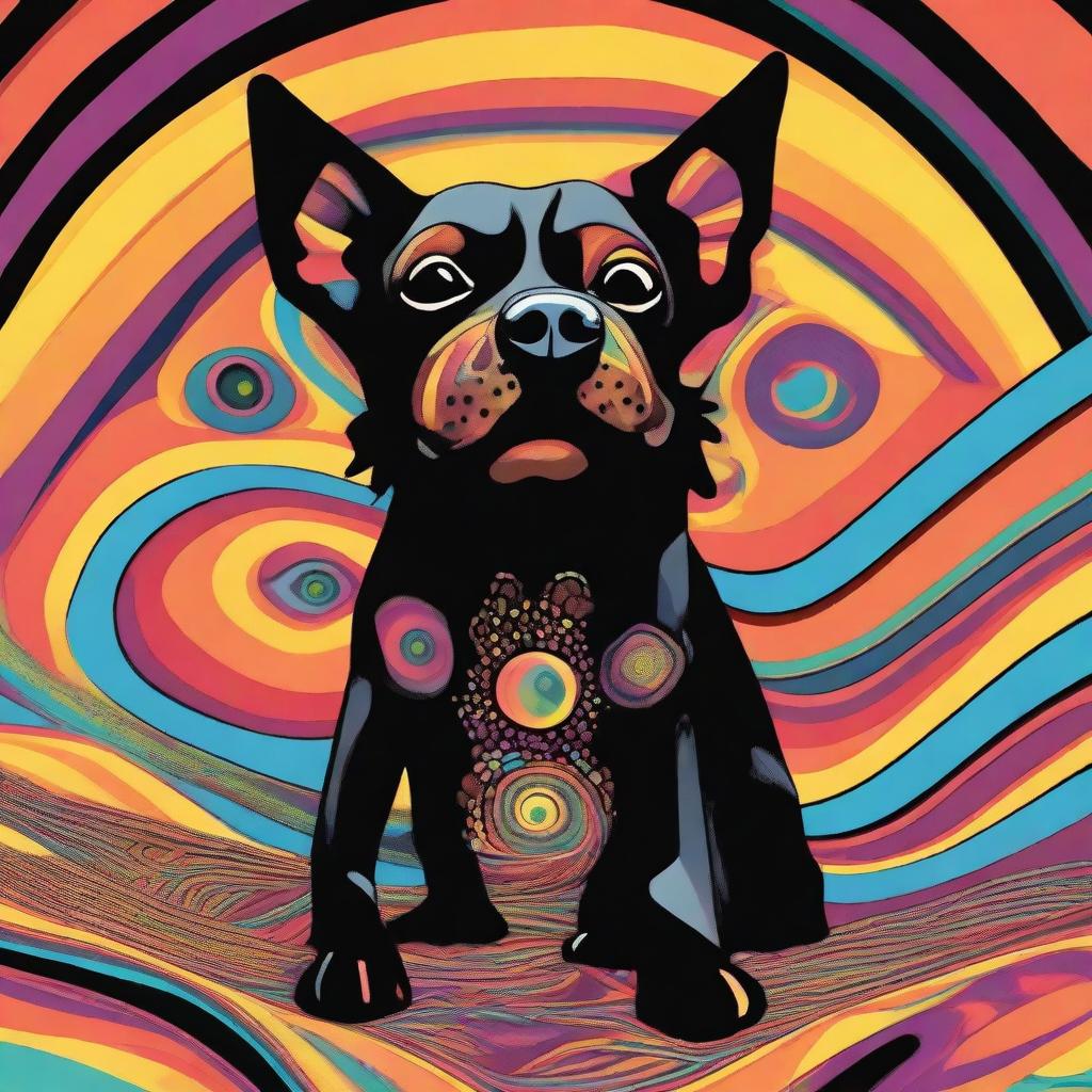 Create an image of a small black and brown dog experiencing an LSD hallucination