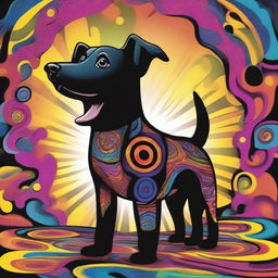 Create an image of a small black and brown dog experiencing an LSD hallucination