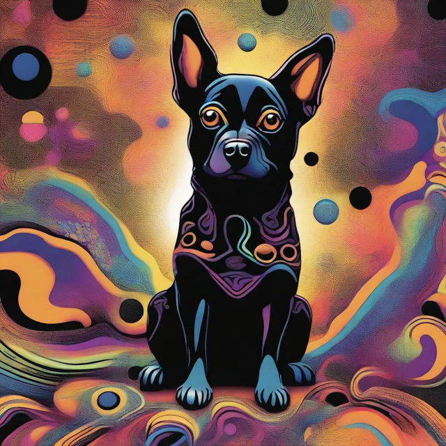 Create an image of a small black and brown dog experiencing an LSD hallucination