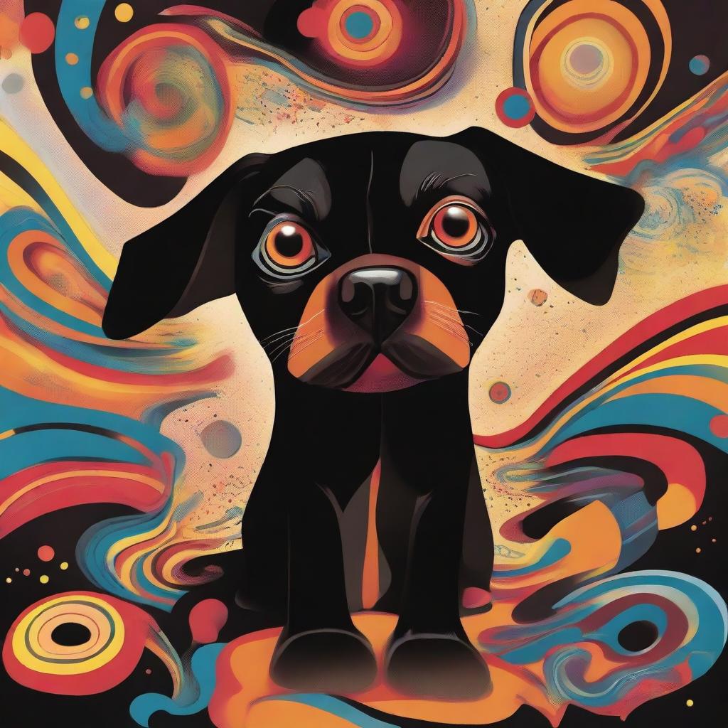 Create an image of a small black and brown dog experiencing an LSD hallucination