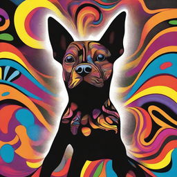 Create an image of a small black and brown dog experiencing an LSD hallucination