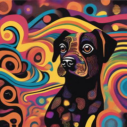 Create an image of a small black and brown dog experiencing an LSD hallucination