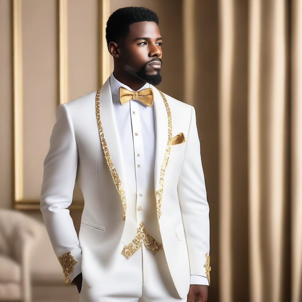 A stylish white and gold semi-formal tuxedo, perfect for an elegant occasion