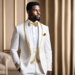 A stylish white and gold semi-formal tuxedo, perfect for an elegant occasion