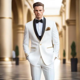 A stylish white and gold semi-formal tuxedo, perfect for an elegant occasion