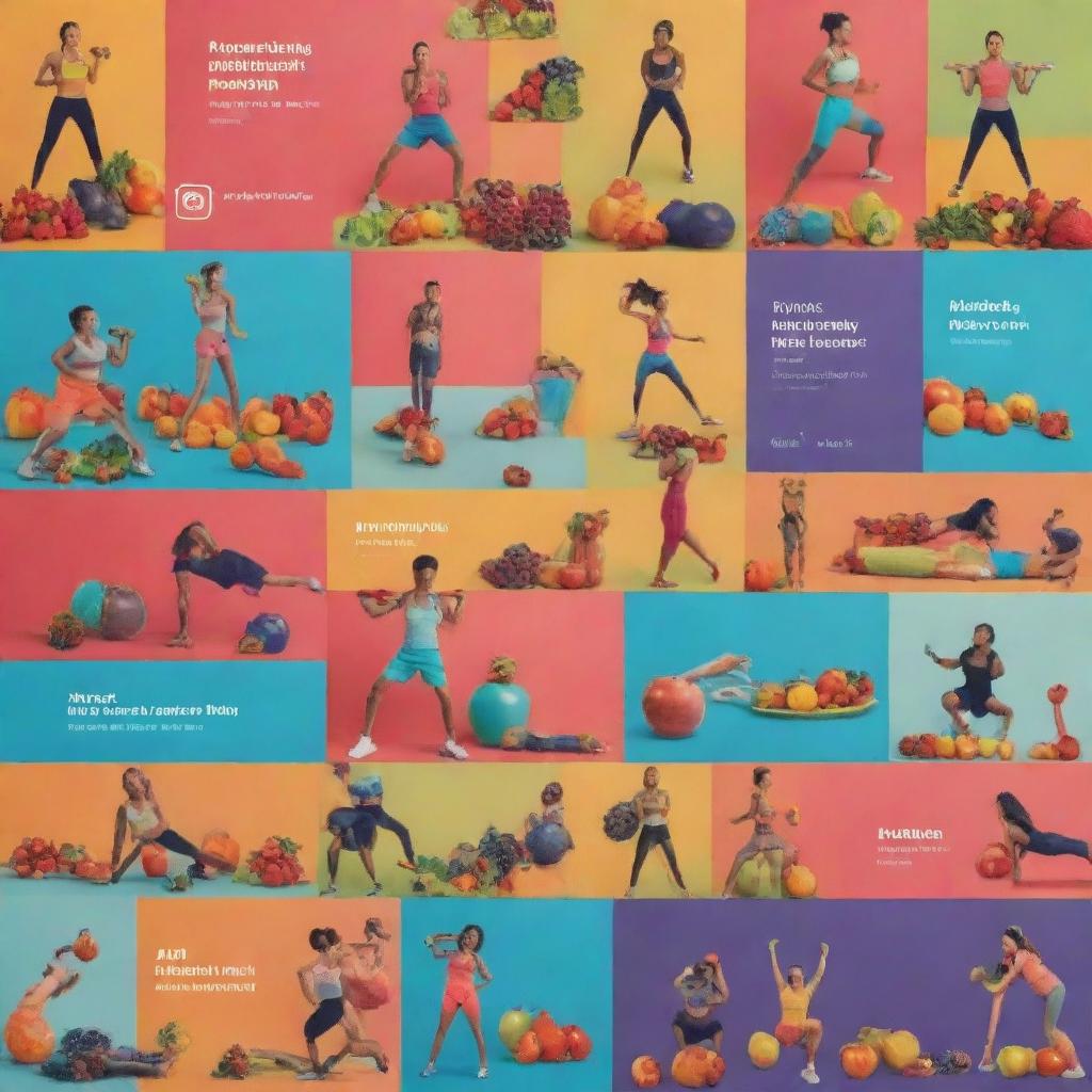 A YouTube banner featuring bold images of fitness and health, including vibrant fruits, vegetables, gym equipment, and silhouettes of people exercising, set against a motivational background.