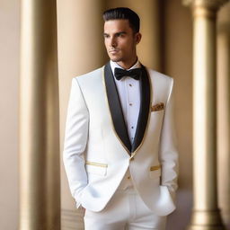 A stylish white and gold semi-formal tuxedo, perfect for an elegant occasion