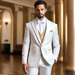 A stylish white and gold semi-formal tuxedo, perfect for an elegant occasion