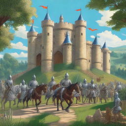 A detailed illustration of a medieval scene featuring knights in shining armor, a grand castle in the background, and peasants going about their daily activities