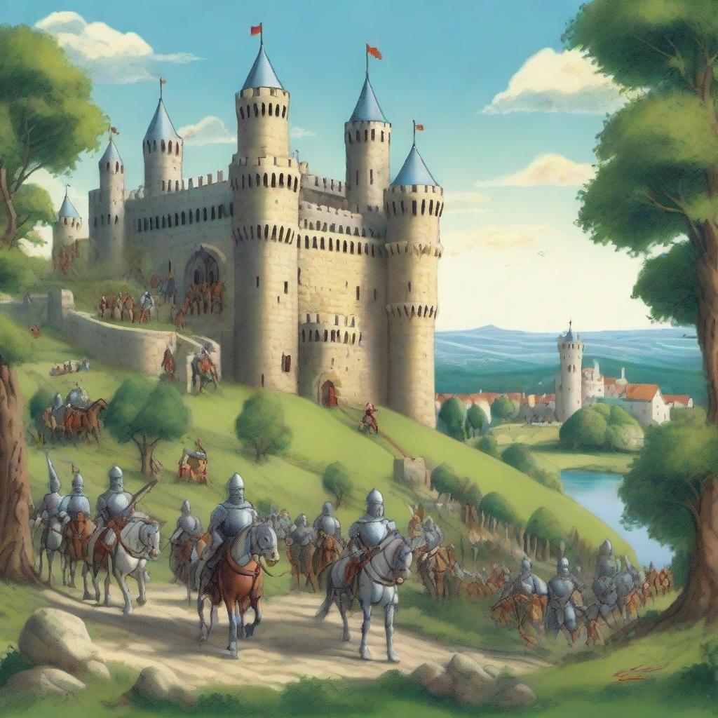 A detailed illustration of a medieval scene featuring knights in shining armor, a grand castle in the background, and peasants going about their daily activities