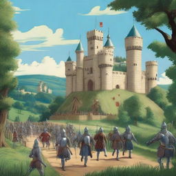 A detailed illustration of a medieval scene featuring knights in shining armor, a grand castle in the background, and peasants going about their daily activities