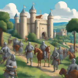 A detailed illustration of a medieval scene featuring knights in shining armor, a grand castle in the background, and peasants going about their daily activities