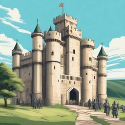 A detailed illustration of a medieval castle with guards stationed at various points