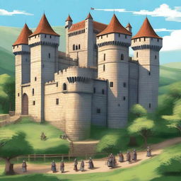 A detailed illustration of a medieval castle with guards stationed at various points