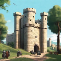 A detailed illustration of a medieval castle with guards stationed at various points