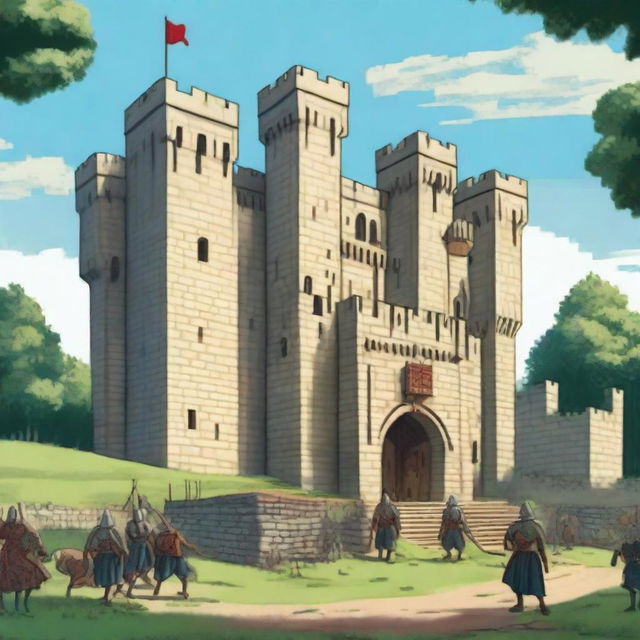 A detailed illustration of a medieval castle with guards stationed at various points