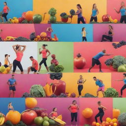 A YouTube banner featuring bold images of fitness and health, including vibrant fruits, vegetables, gym equipment, and silhouettes of people exercising, set against a motivational background.