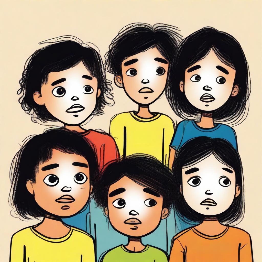 Cabo Verdean children with sad faces looking up, illustrated in a childlike style