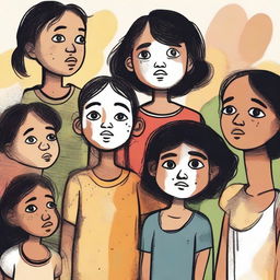 Cabo Verdean children with sad faces looking up, illustrated in a childlike style