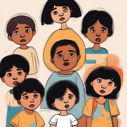 Cabo Verdean children with sad faces looking up, illustrated in a childlike style