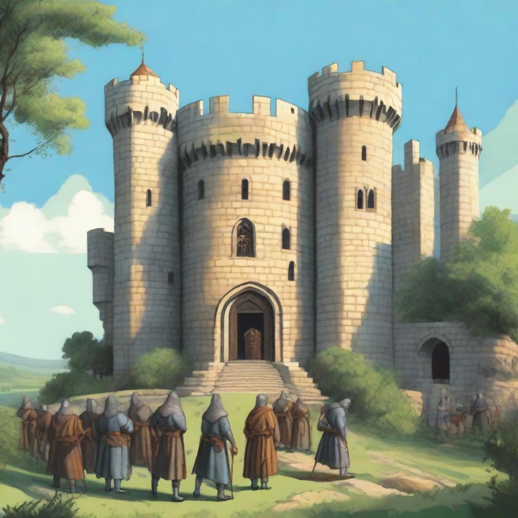 A detailed illustration of a medieval castle with guards stationed at various points