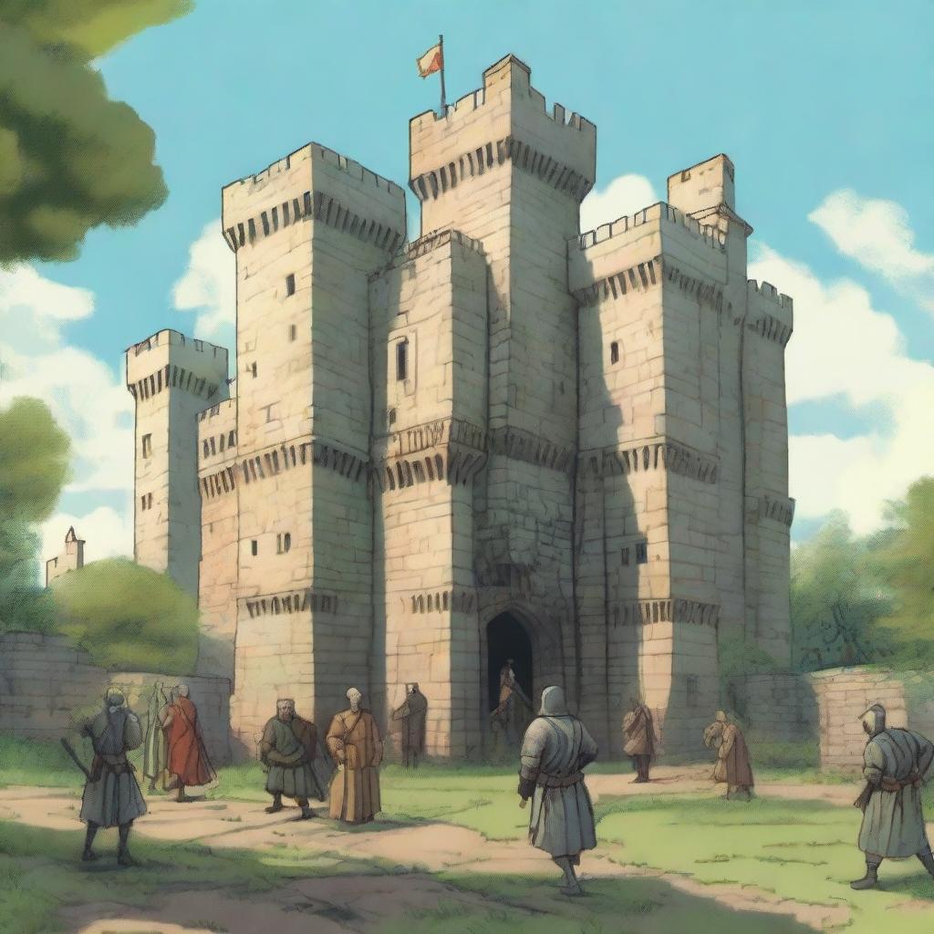 A detailed illustration of a medieval castle with guards stationed at various points