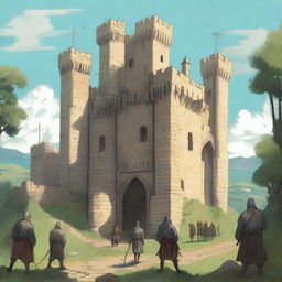 A detailed illustration of a medieval castle with guards stationed at various points