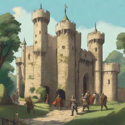 A detailed illustration of a medieval castle with guards stationed at various points