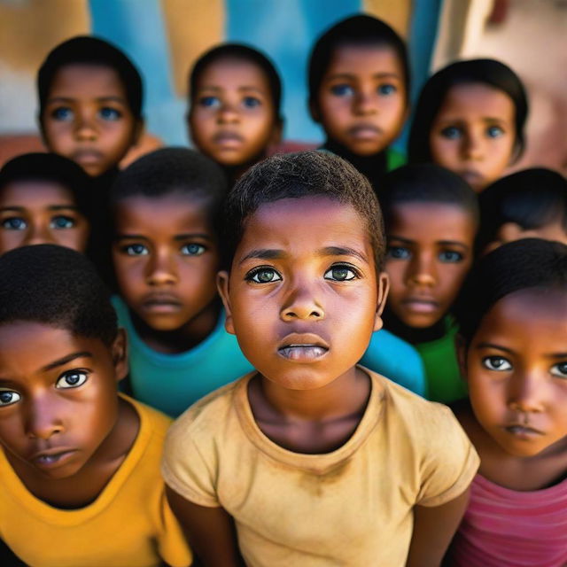 Cabo Verdean children with sad faces looking up