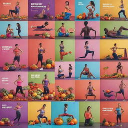 A YouTube banner featuring bold images of fitness and health, including vibrant fruits, vegetables, gym equipment, and silhouettes of people exercising, set against a motivational background.