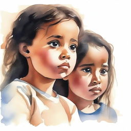 Cabo Verdean children with sad faces looking up, illustrated in a semi-realistic watercolor style