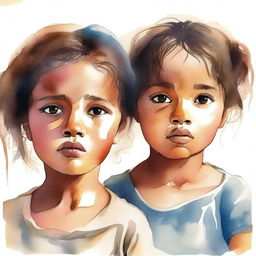 Cabo Verdean children with sad faces looking up, illustrated in a semi-realistic watercolor style