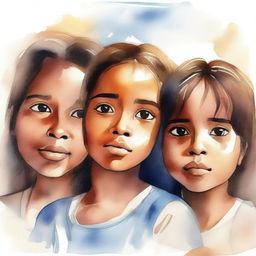 Cabo Verdean children with sad faces looking up, illustrated in a semi-realistic watercolor style