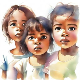 Cabo Verdean children with sad faces looking up, illustrated in a semi-realistic watercolor style