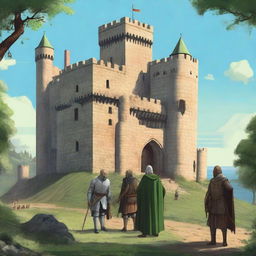 A highly realistic illustration of a medieval castle with guards stationed at various points