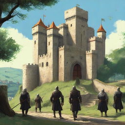 A highly realistic illustration of a medieval castle with guards stationed at various points