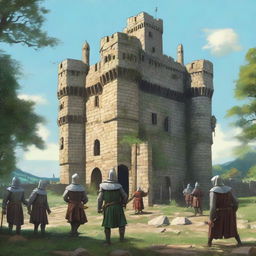 A highly realistic illustration of a medieval castle with guards stationed at various points