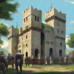 A highly realistic illustration of a medieval castle with guards stationed at various points