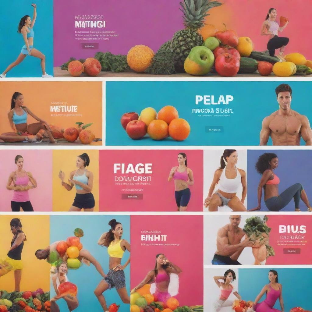 A YouTube banner featuring bold images of fitness and health, including vibrant fruits, vegetables, gym equipment, and silhouettes of people exercising, set against a motivational background.